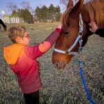 a boy petting a horse